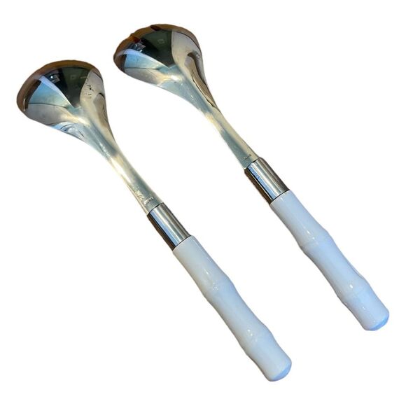 Vintage Frontier Forge Bamboo Salad Serving Set Stainless Silver White Handles M - Picture 2 of 5